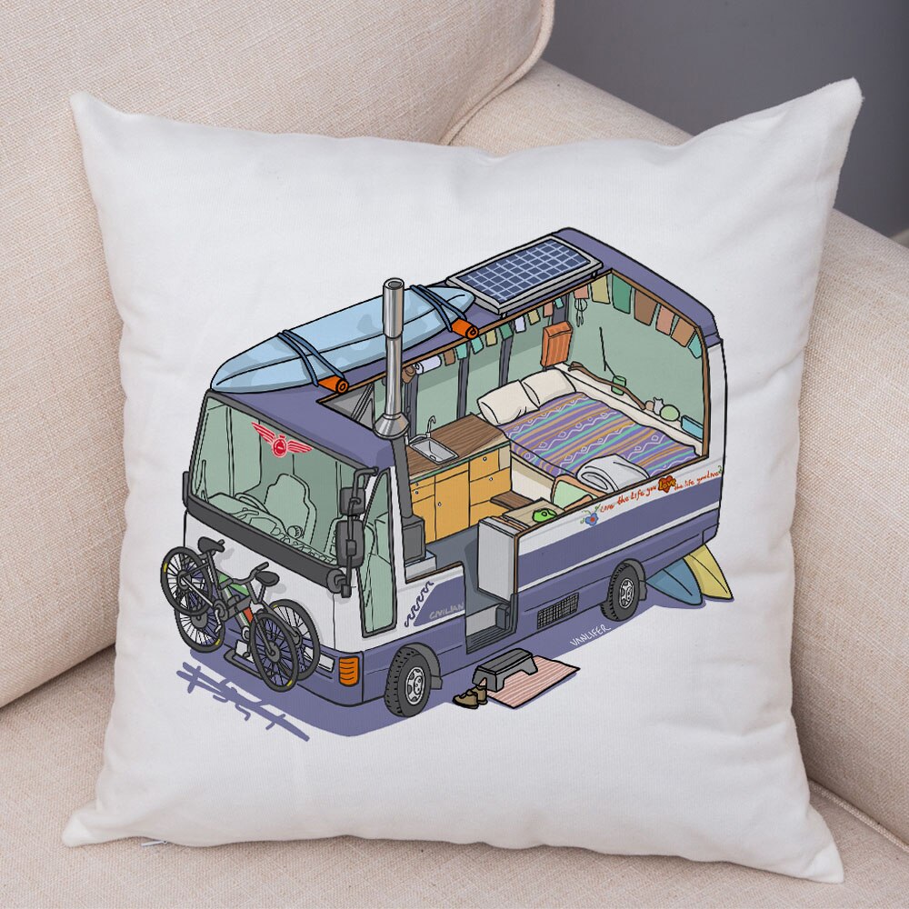 Oreiller de décoration. Dessin Camping-car Van aménagé Fourgon aménagé. Oreiller de décor VanLife. Oreiller en peluche pour canapé maison chambre d'enfants - Mabelle Magasin
