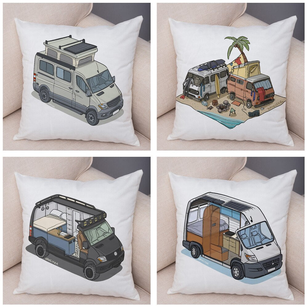 Oreiller de décoration. Dessin Camping-car Van aménagé Fourgon aménagé. Oreiller de décor VanLife. Oreiller en peluche pour canapé maison chambre d'enfants - Mabelle Magasin