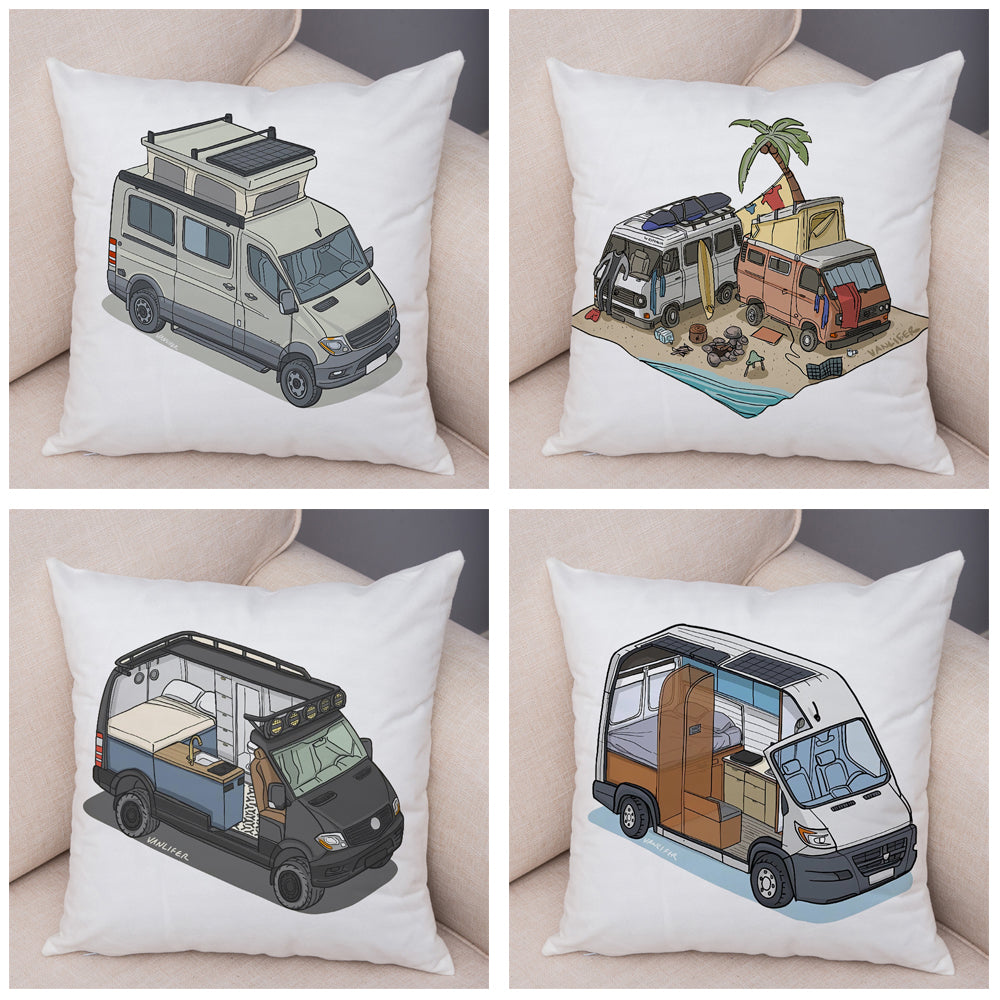 Oreiller de décoration. Dessin Camping-car Van aménagé Fourgon aménagé. Oreiller de décor VanLife. Oreiller en peluche pour canapé maison chambre d'enfants - Mabelle Magasin