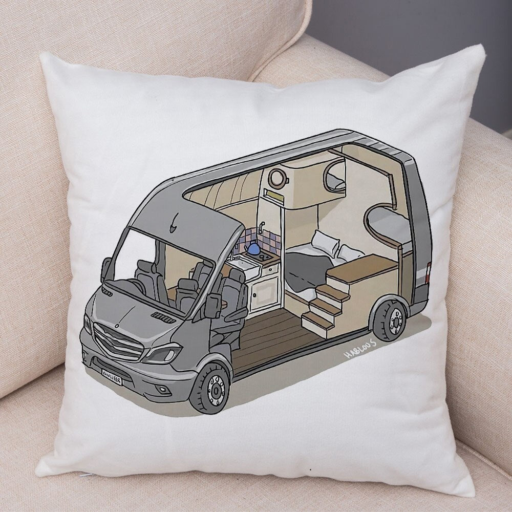 Oreiller de décoration. Dessin Camping-car Van aménagé Fourgon aménagé. Oreiller de décor VanLife. Oreiller en peluche pour canapé maison chambre d'enfants - Mabelle Magasin