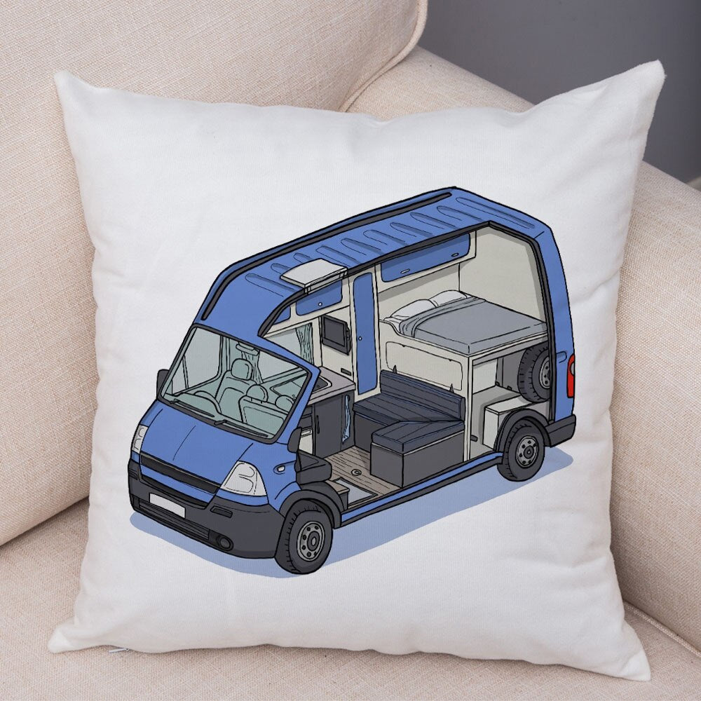 Oreiller de décoration. Dessin Camping-car Van aménagé Fourgon aménagé. Oreiller de décor VanLife. Oreiller en peluche pour canapé maison chambre d'enfants - Mabelle Magasin
