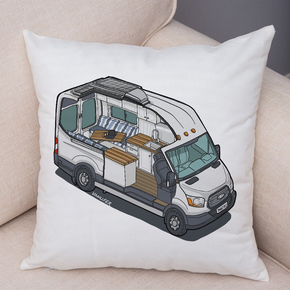 Oreiller de décoration. Dessin Camping-car Van aménagé Fourgon aménagé. Oreiller de décor VanLife. Oreiller en peluche pour canapé maison chambre d'enfants - Mabelle Magasin