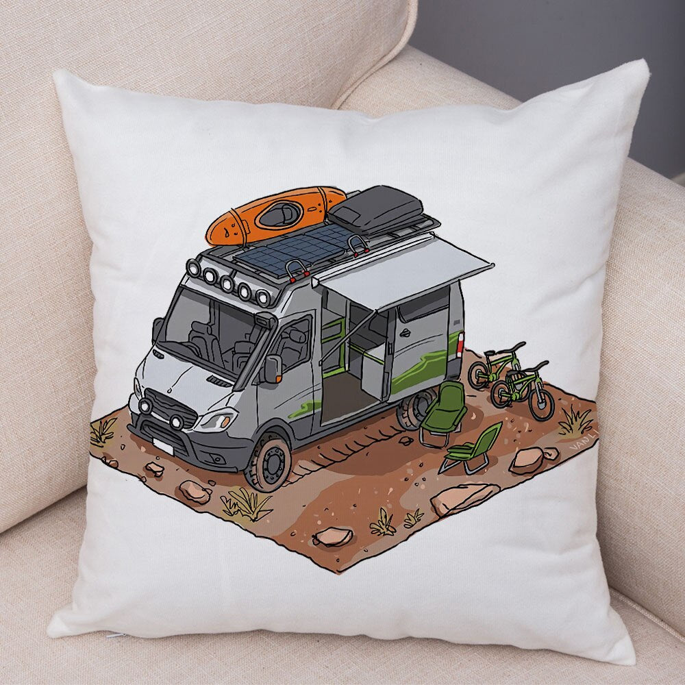 Oreiller de décoration. Dessin Camping-car Van aménagé Fourgon aménagé. Oreiller de décor VanLife. Oreiller en peluche pour canapé maison chambre d'enfants - Mabelle Magasin
