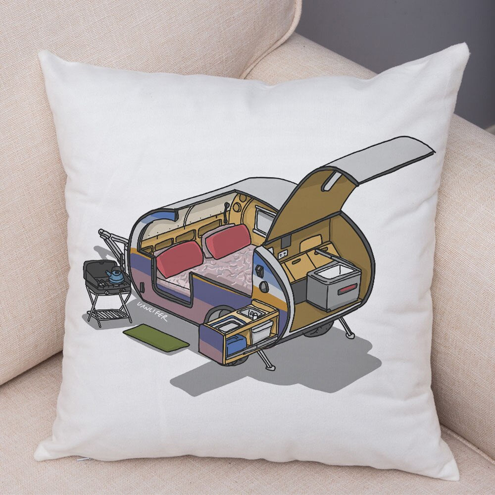 Oreiller de décoration. Dessin Camping-car Van aménagé Fourgon aménagé. Oreiller de décor VanLife. Oreiller en peluche pour canapé maison chambre d'enfants - Mabelle Magasin