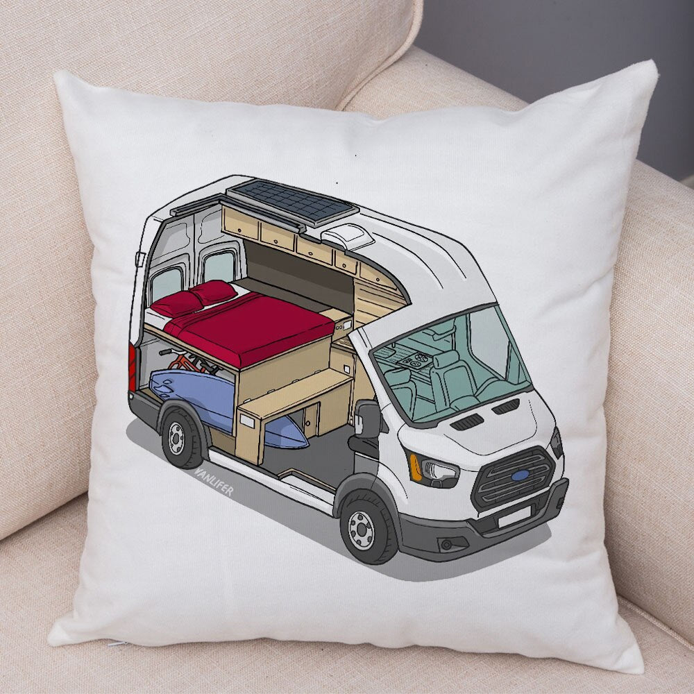 Oreiller de décoration. Dessin Camping-car Van aménagé Fourgon aménagé. Oreiller de décor VanLife. Oreiller en peluche pour canapé maison chambre d'enfants - Mabelle Magasin