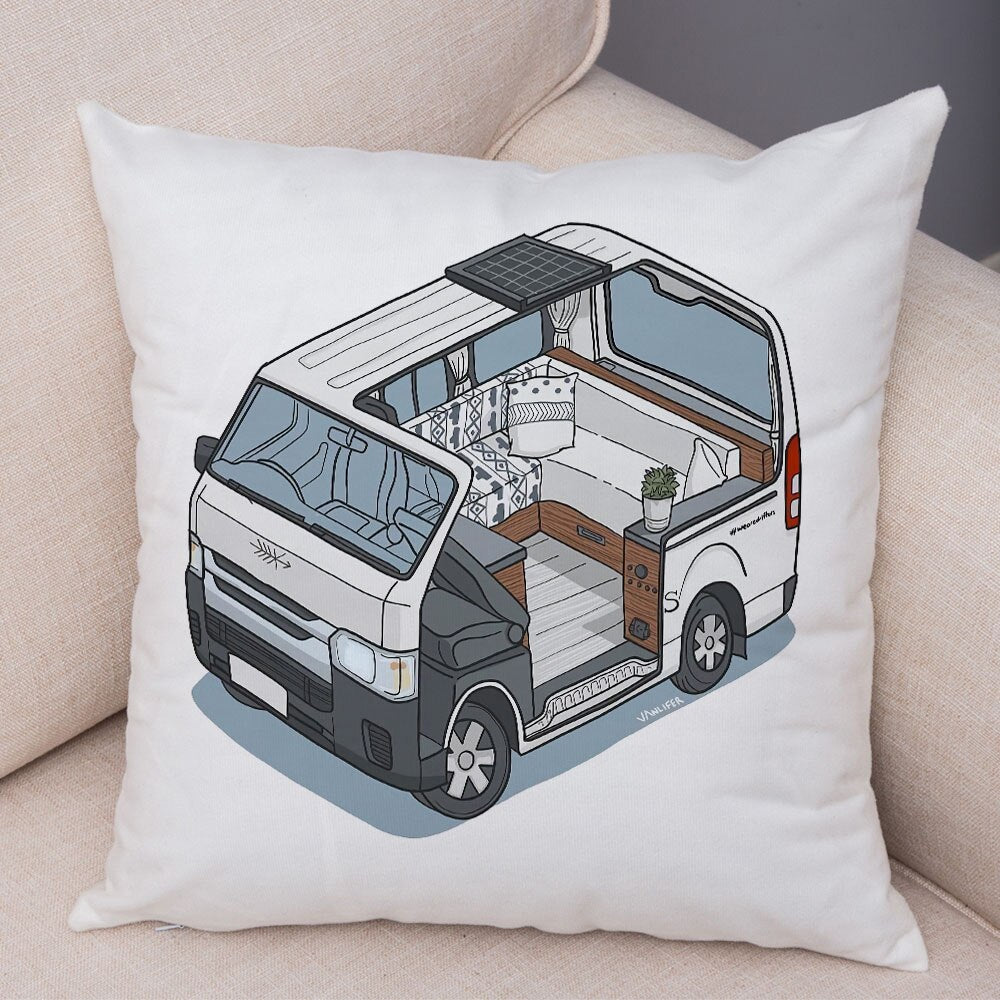 Oreiller de décoration. Dessin Camping-car Van aménagé Fourgon aménagé. Oreiller de décor VanLife. Oreiller en peluche pour canapé maison chambre d'enfants - Mabelle Magasin