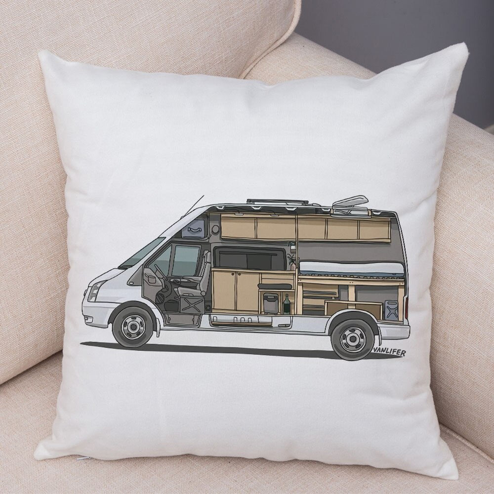 Oreiller de décoration. Dessin Camping-car Van aménagé Fourgon aménagé. Oreiller de décor VanLife. Oreiller en peluche pour canapé maison chambre d'enfants - Mabelle Magasin