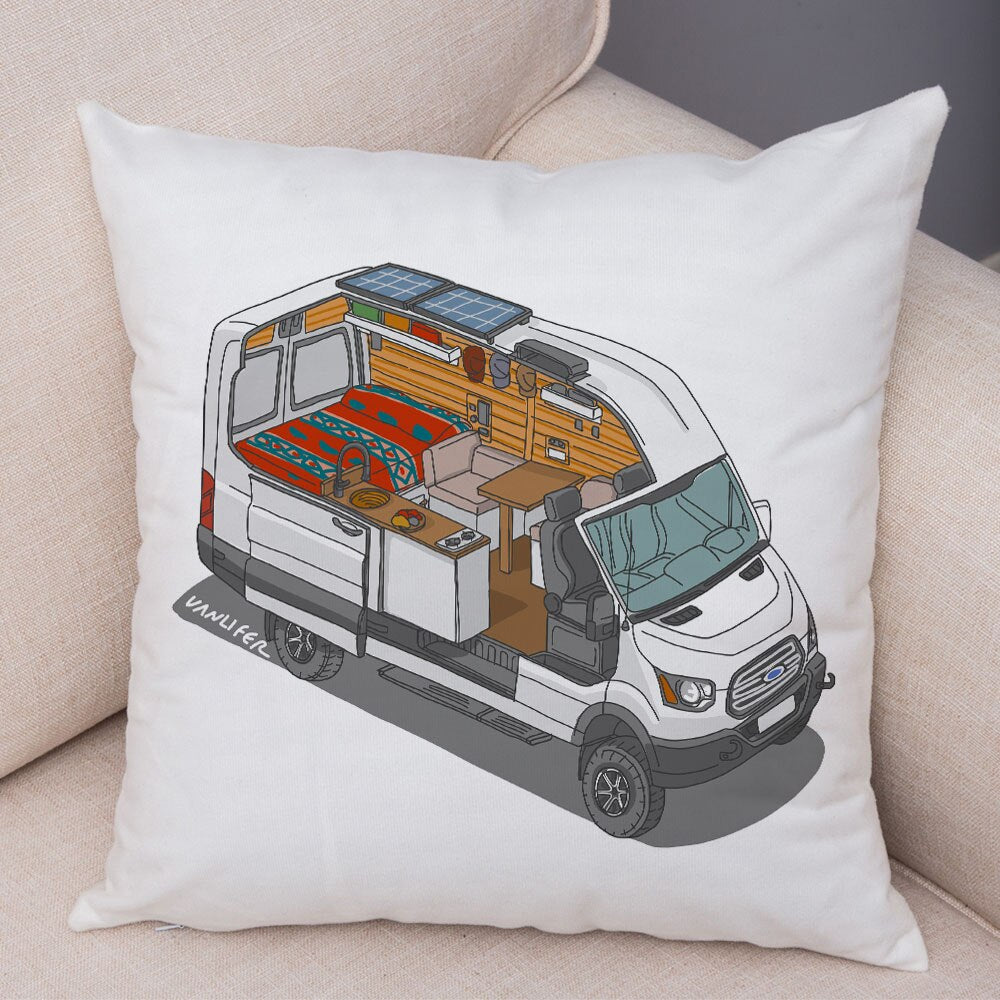Oreiller de décoration. Dessin Camping-car Van aménagé Fourgon aménagé. Oreiller de décor VanLife. Oreiller en peluche pour canapé maison chambre d'enfants - Mabelle Magasin