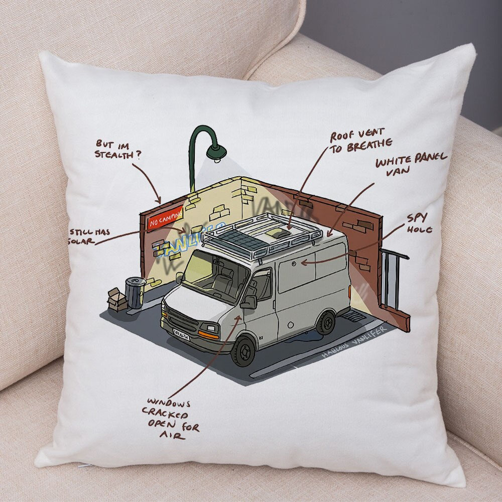Oreiller de décoration. Dessin Camping-car Van aménagé Fourgon aménagé. Oreiller de décor VanLife. Oreiller en peluche pour canapé maison chambre d'enfants - Mabelle Magasin