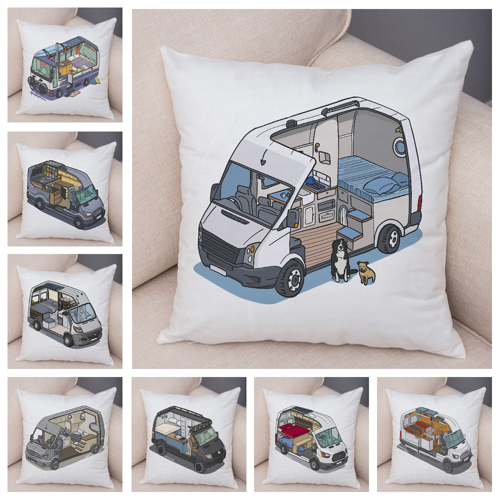 Oreiller de décoration. Dessin Camping-car Van aménagé Fourgon aménagé. Oreiller de décor VanLife. Oreiller en peluche pour canapé maison chambre d'enfants - Mabelle Magasin