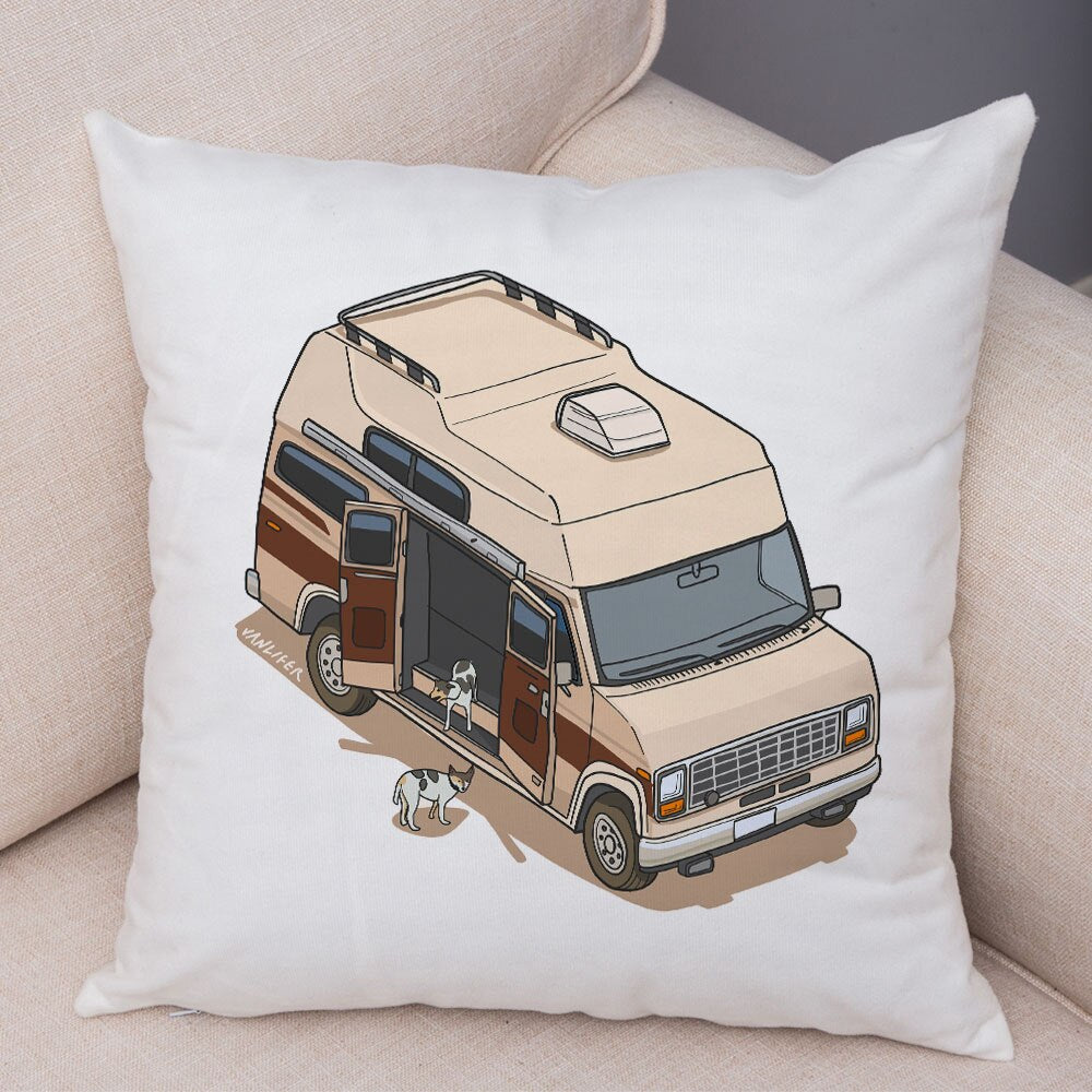 Oreiller de décoration. Dessin Camping-car Van aménagé Fourgon aménagé. Oreiller de décor VanLife. Oreiller en peluche pour canapé maison chambre d'enfants - Mabelle Magasin