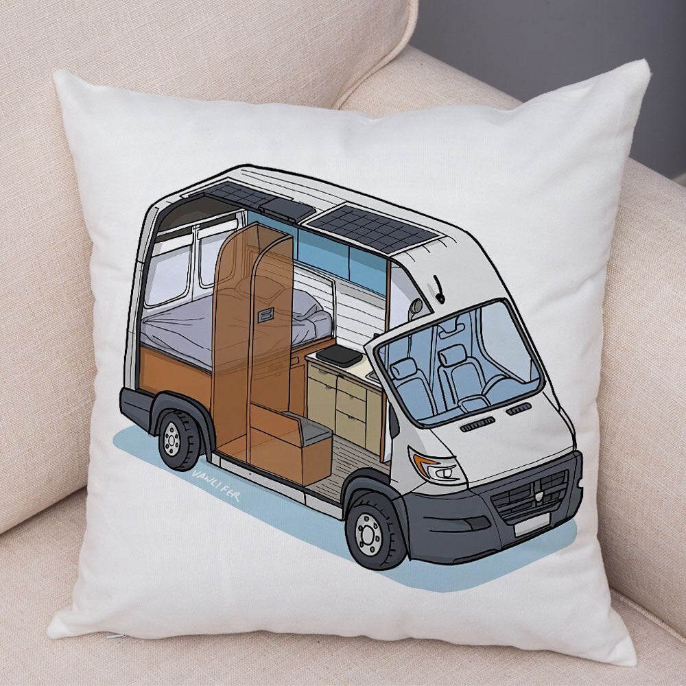 Oreiller de décoration. Dessin Camping-car Van aménagé Fourgon aménagé. Oreiller de décor VanLife. Oreiller en peluche pour canapé maison chambre d'enfants - Mabelle Magasin