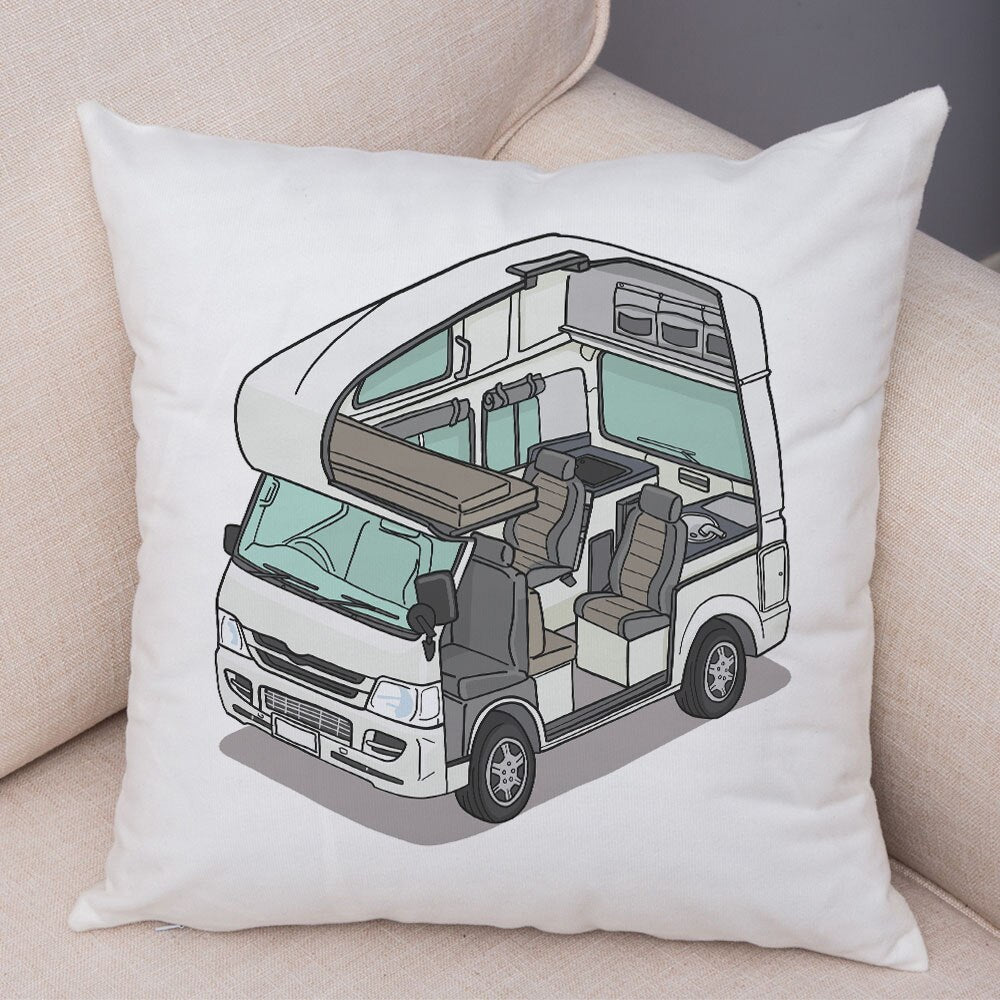 Oreiller de décoration. Dessin Camping-car Van aménagé Fourgon aménagé. Oreiller de décor VanLife. Oreiller en peluche pour canapé maison chambre d'enfants - Mabelle Magasin