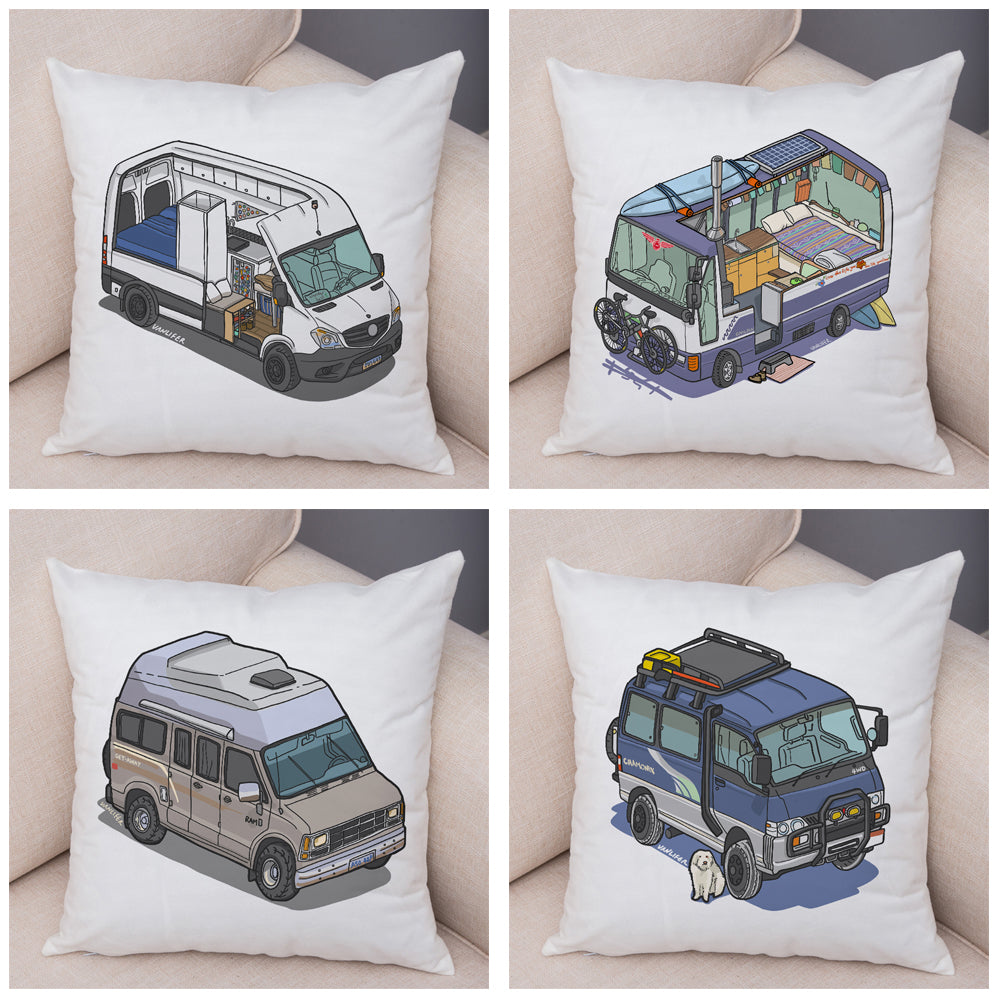 Oreiller de décoration. Dessin Camping-car Van aménagé Fourgon aménagé. Oreiller de décor VanLife. Oreiller en peluche pour canapé maison chambre d'enfants - Mabelle Magasin