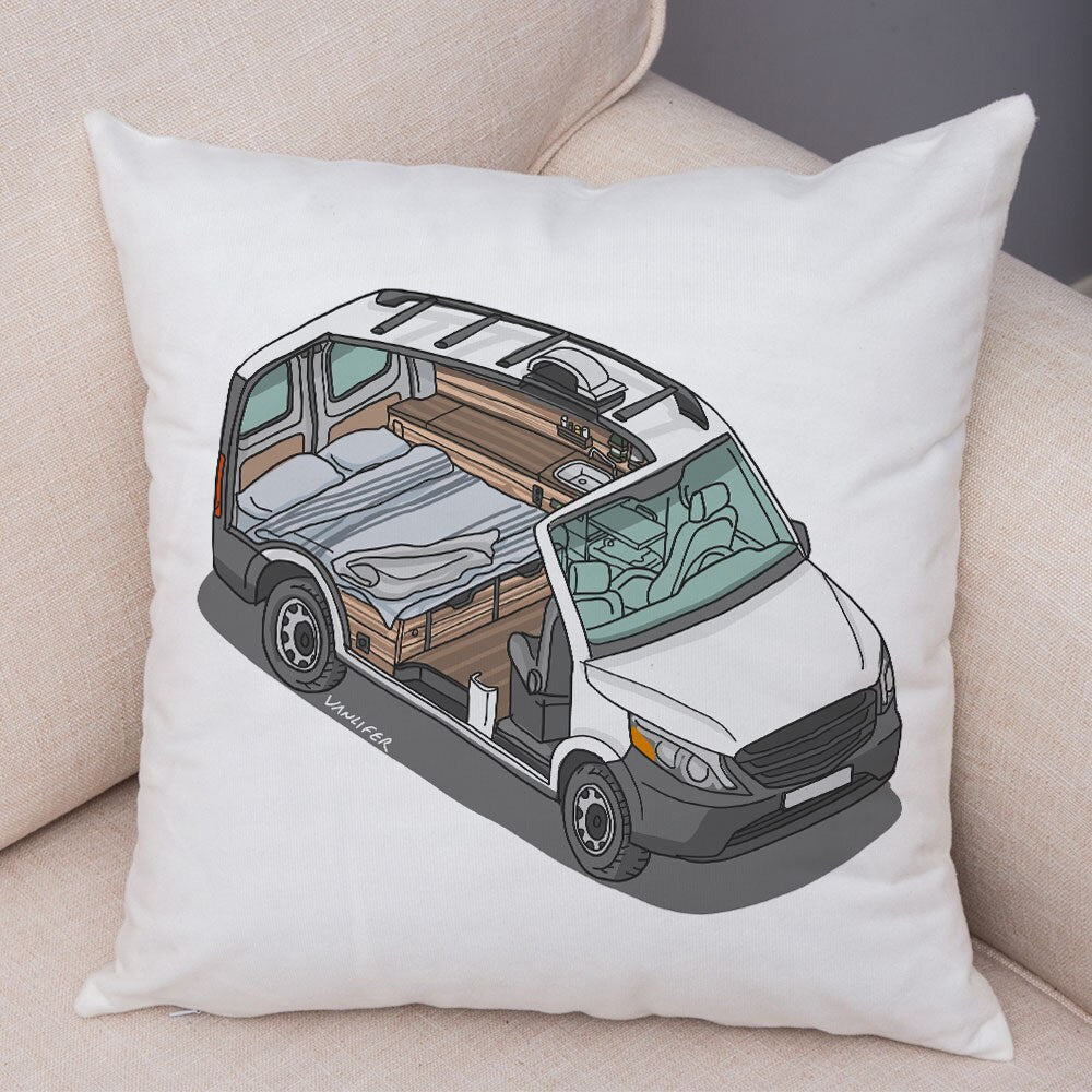 Oreiller de décoration. Dessin Camping-car Van aménagé Fourgon aménagé. Oreiller de décor VanLife. Oreiller en peluche pour canapé maison chambre d'enfants - Mabelle Magasin