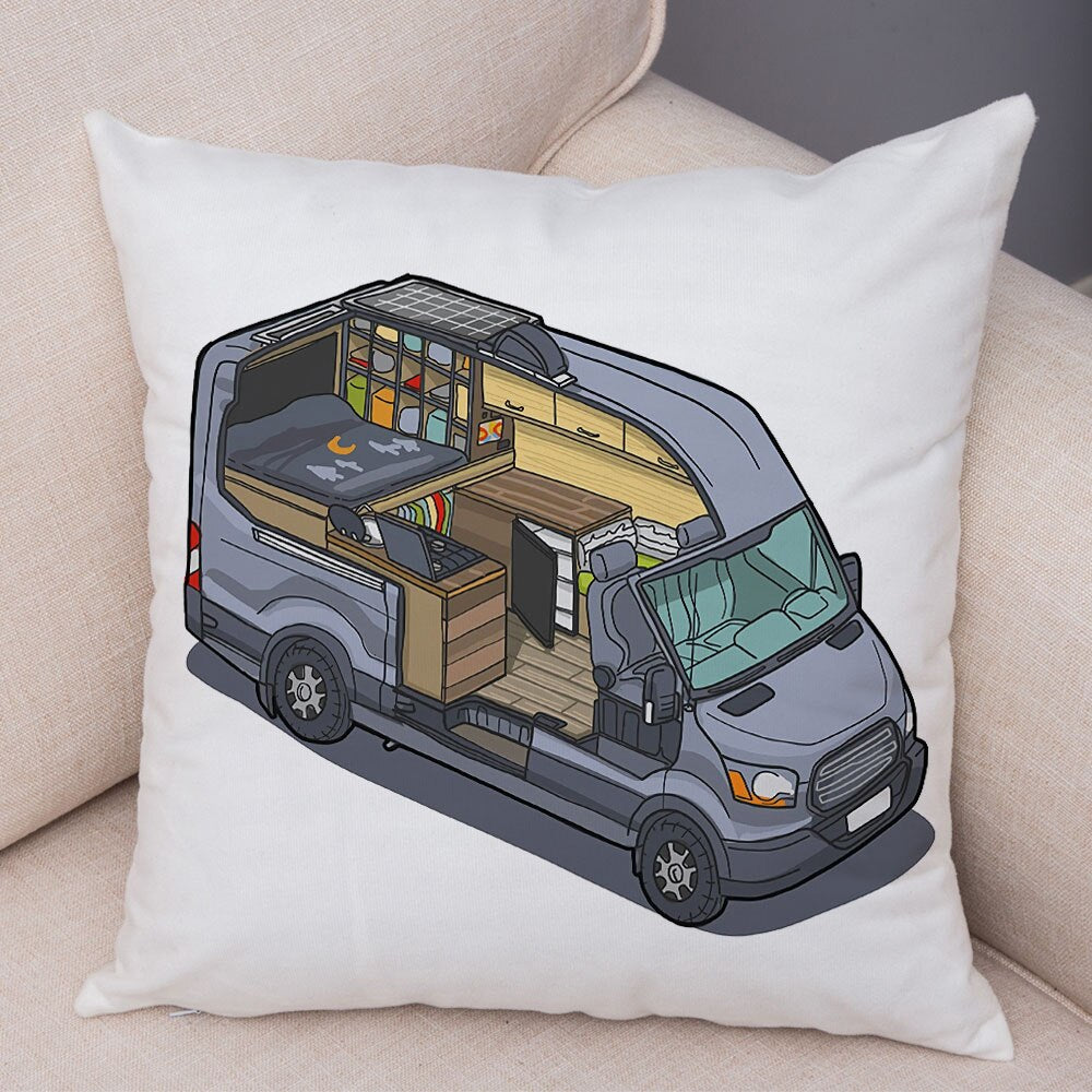 Oreiller de décoration. Dessin Camping-car Van aménagé Fourgon aménagé. Oreiller de décor VanLife. Oreiller en peluche pour canapé maison chambre d'enfants - Mabelle Magasin