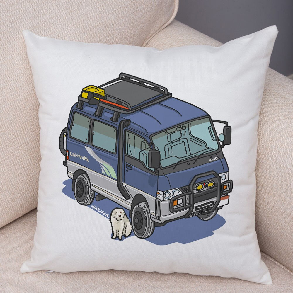Oreiller de décoration. Dessin Camping-car Van aménagé Fourgon aménagé. Oreiller de décor VanLife. Oreiller en peluche pour canapé maison chambre d'enfants - Mabelle Magasin