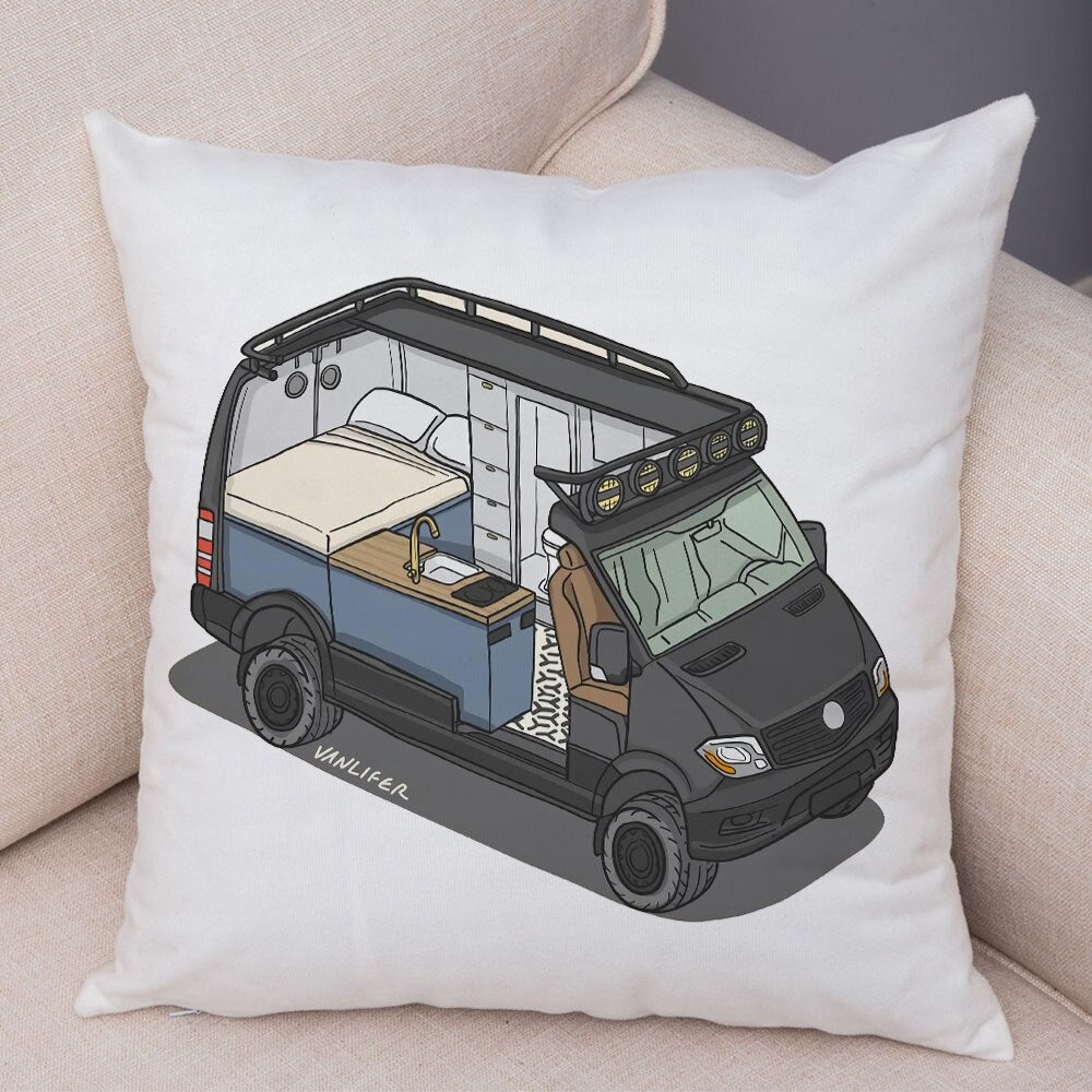 Oreiller de décoration. Dessin Camping-car Van aménagé Fourgon aménagé. Oreiller de décor VanLife. Oreiller en peluche pour canapé maison chambre d'enfants - Mabelle Magasin