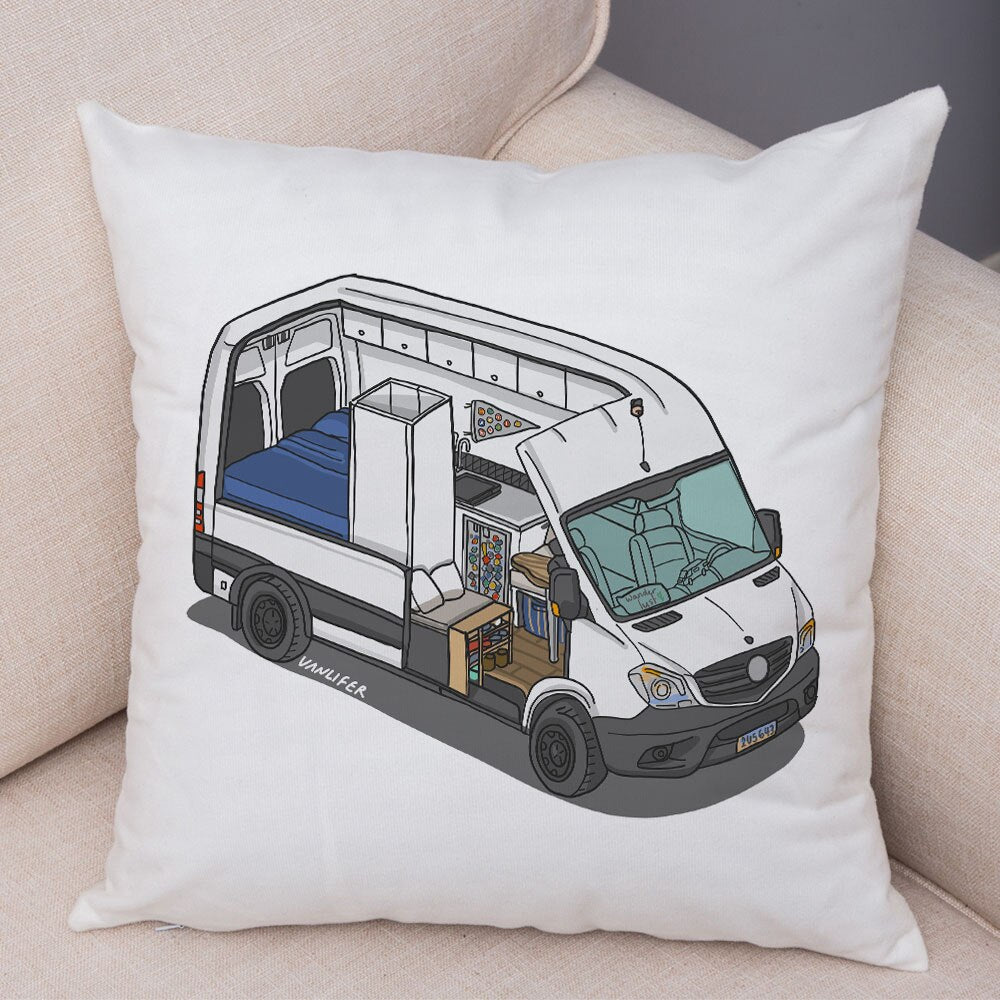Oreiller de décoration. Dessin Camping-car Van aménagé Fourgon aménagé. Oreiller de décor VanLife. Oreiller en peluche pour canapé maison chambre d'enfants - Mabelle Magasin