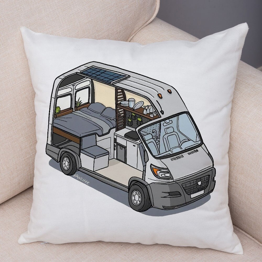 Oreiller de décoration. Dessin Camping-car Van aménagé Fourgon aménagé. Oreiller de décor VanLife. Oreiller en peluche pour canapé maison chambre d'enfants - Mabelle Magasin