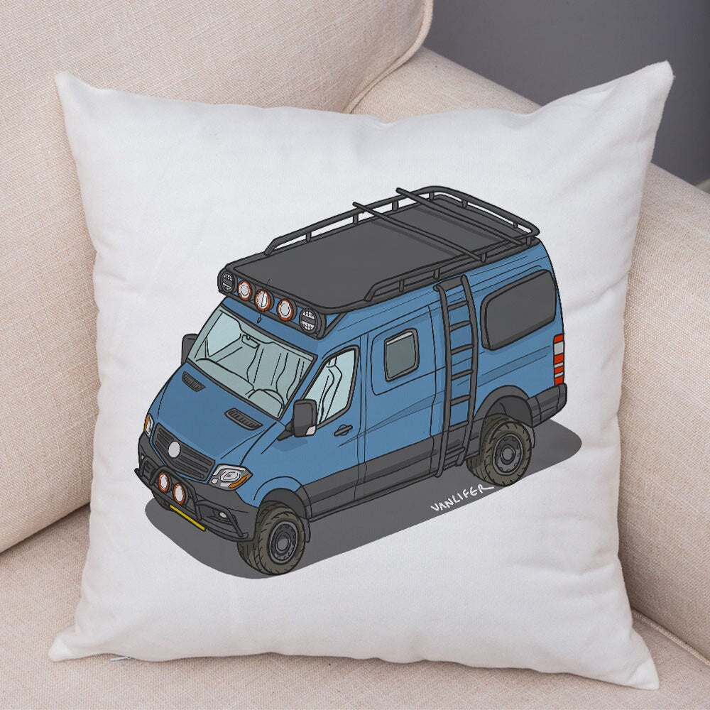Oreiller de décoration. Dessin Camping-car Van aménagé Fourgon aménagé. Oreiller de décor VanLife. Oreiller en peluche pour canapé maison chambre d'enfants - Mabelle Magasin