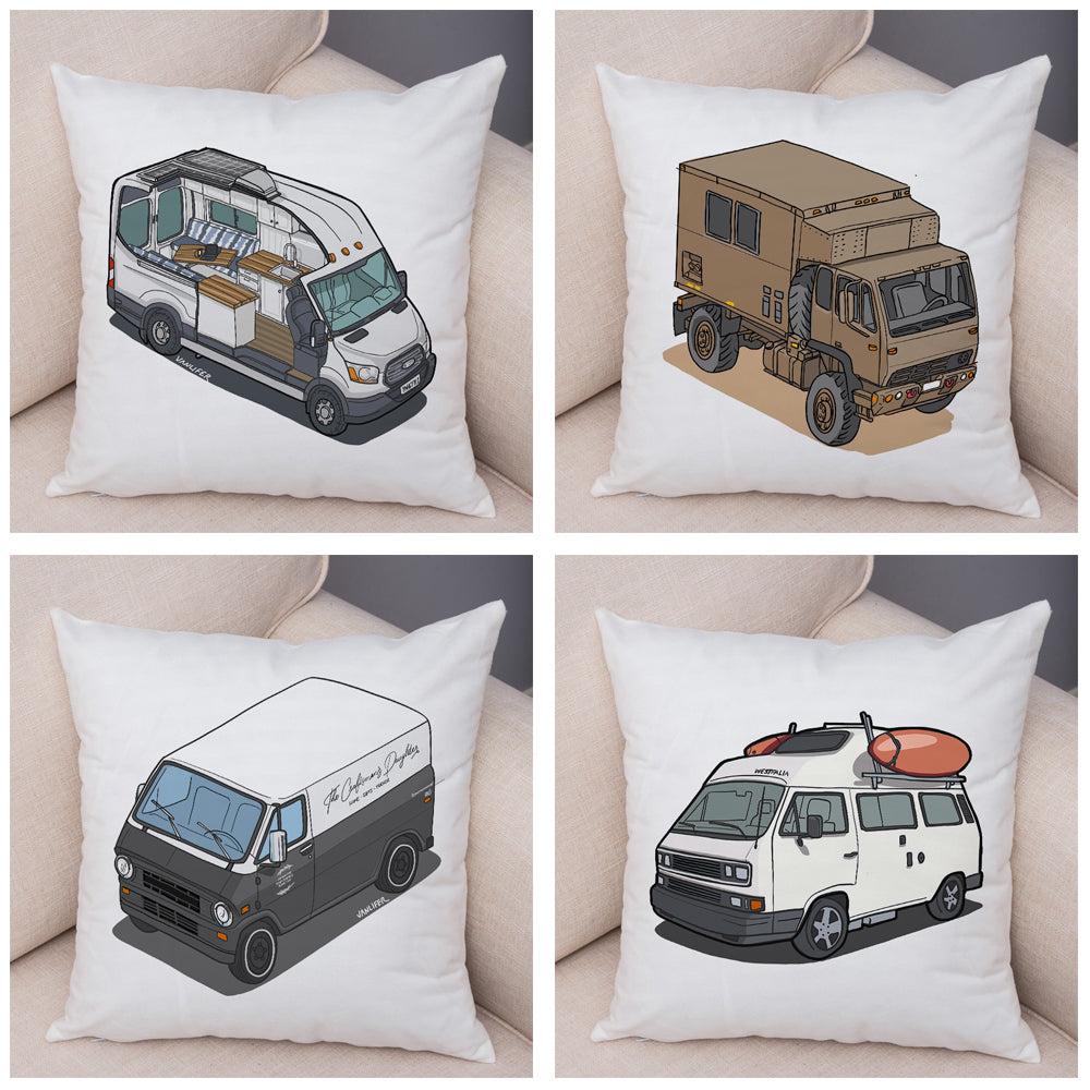 Oreiller de décoration. Dessin Camping-car Van aménagé Fourgon aménagé. Oreiller de décor VanLife. Oreiller en peluche pour canapé maison chambre d'enfants - Mabelle Magasin