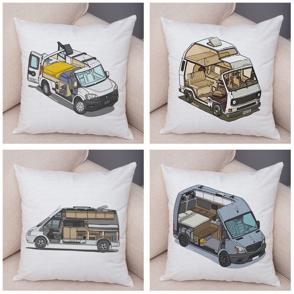 Oreiller de décoration. Dessin Camping-car Van aménagé Fourgon aménagé. Oreiller de décor VanLife. Oreiller en peluche pour canapé maison chambre d'enfants - Mabelle Magasin