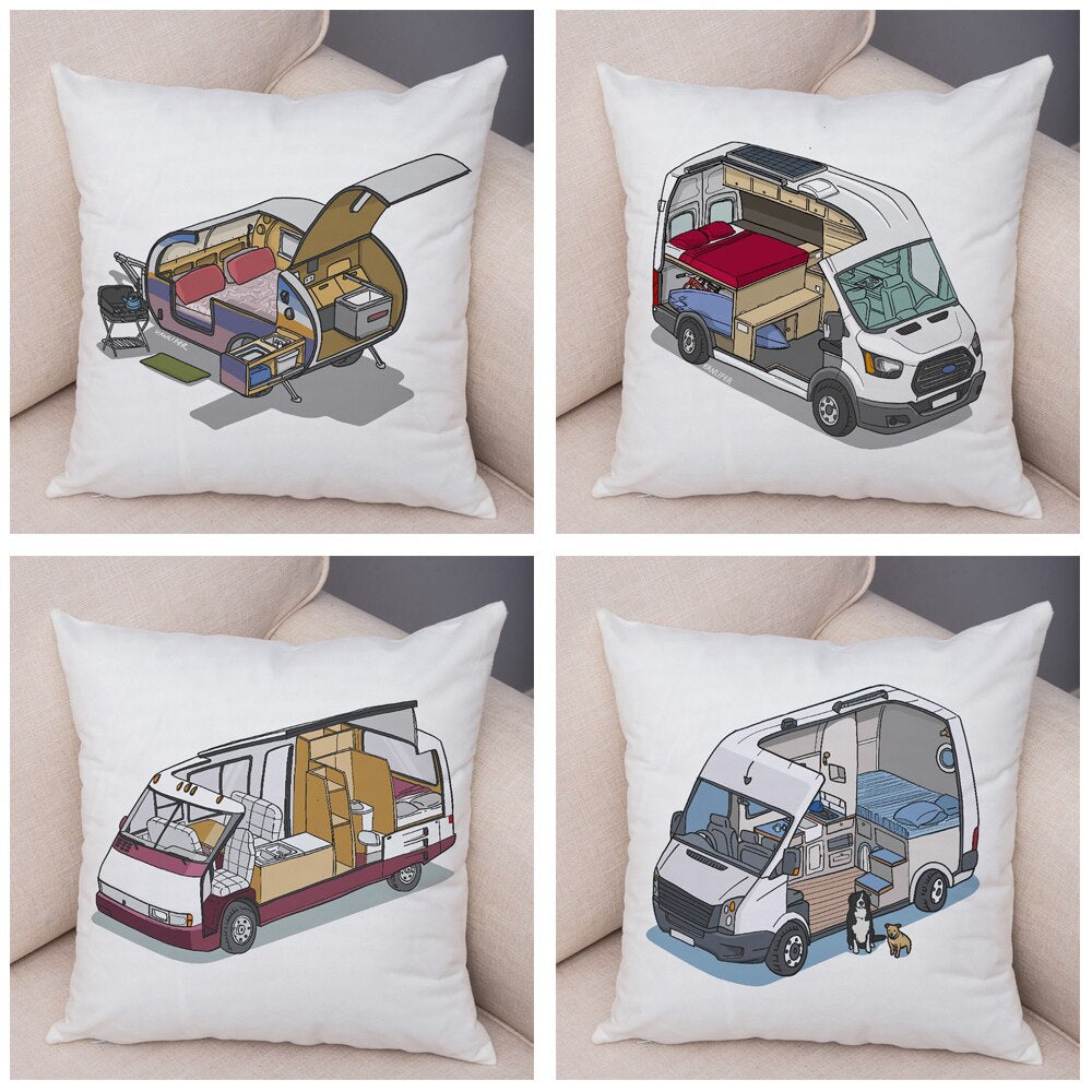 Oreiller de décoration. Dessin Camping-car Van aménagé Fourgon aménagé. Oreiller de décor VanLife. Oreiller en peluche pour canapé maison chambre d'enfants - Mabelle Magasin