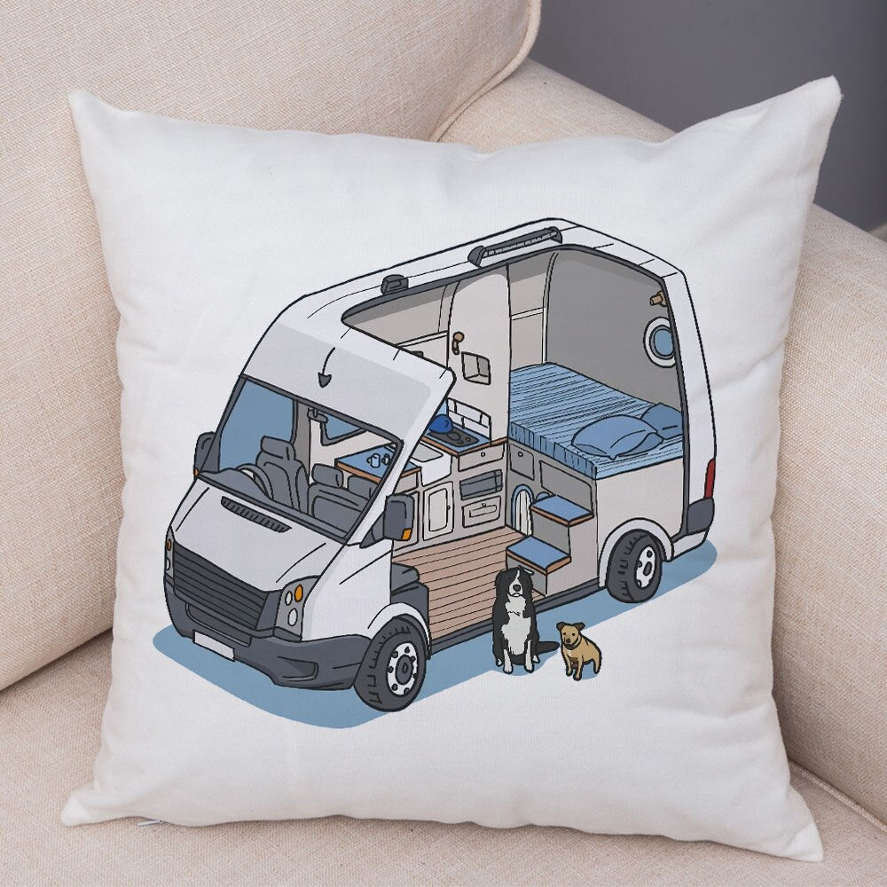 Oreiller de décoration. Dessin Camping-car Van aménagé Fourgon aménagé. Oreiller de décor VanLife. Oreiller en peluche pour canapé maison chambre d'enfants - Mabelle Magasin