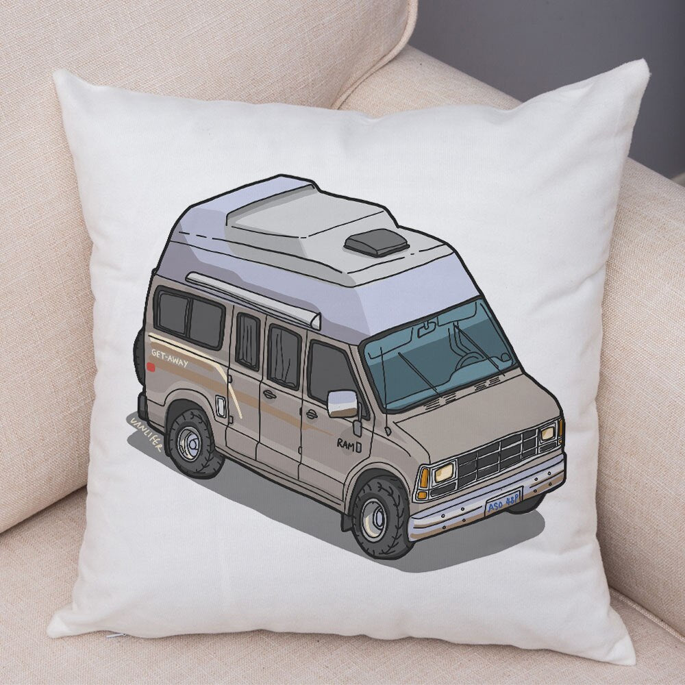 Oreiller de décoration. Dessin Camping-car Van aménagé Fourgon aménagé. Oreiller de décor VanLife. Oreiller en peluche pour canapé maison chambre d'enfants - Mabelle Magasin