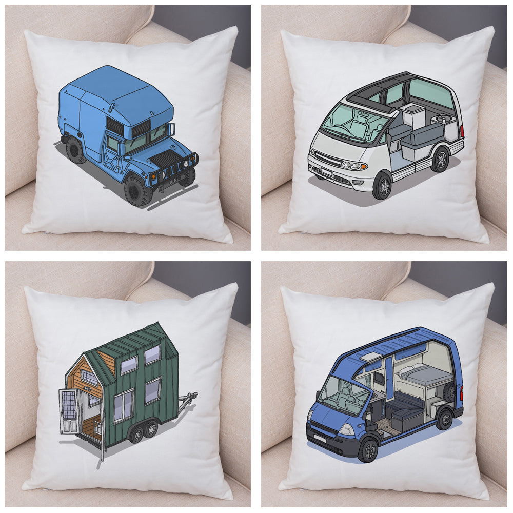 Oreiller de décoration. Dessin Camping-car Van aménagé Fourgon aménagé. Oreiller de décor VanLife. Oreiller en peluche pour canapé maison chambre d'enfants - Mabelle Magasin