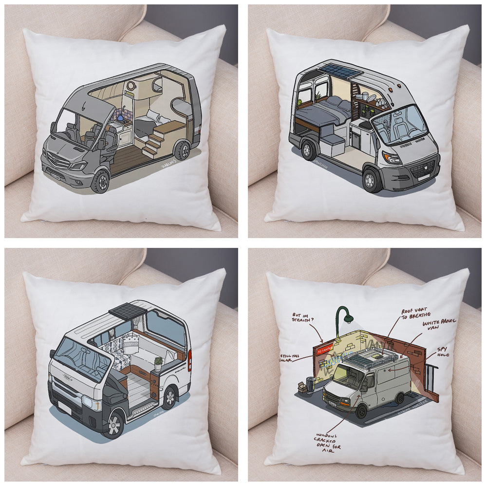 Oreiller de décoration. Dessin Camping-car Van aménagé Fourgon aménagé. Oreiller de décor VanLife. Oreiller en peluche pour canapé maison chambre d'enfants - Mabelle Magasin