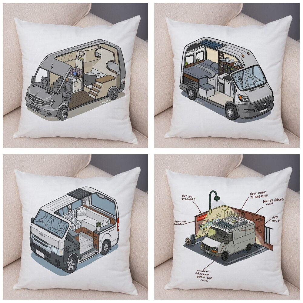 Oreiller de décoration. Dessin Camping-car Van aménagé Fourgon aménagé. Oreiller de décor VanLife. Oreiller en peluche pour canapé maison chambre d'enfants - Mabelle Magasin