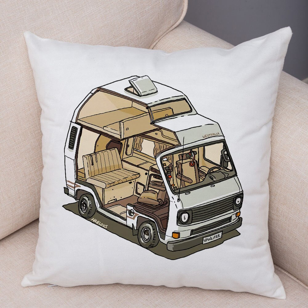 Oreiller de décoration. Dessin Camping-car Van aménagé Fourgon aménagé. Oreiller de décor VanLife. Oreiller en peluche pour canapé maison chambre d'enfants - Mabelle Magasin