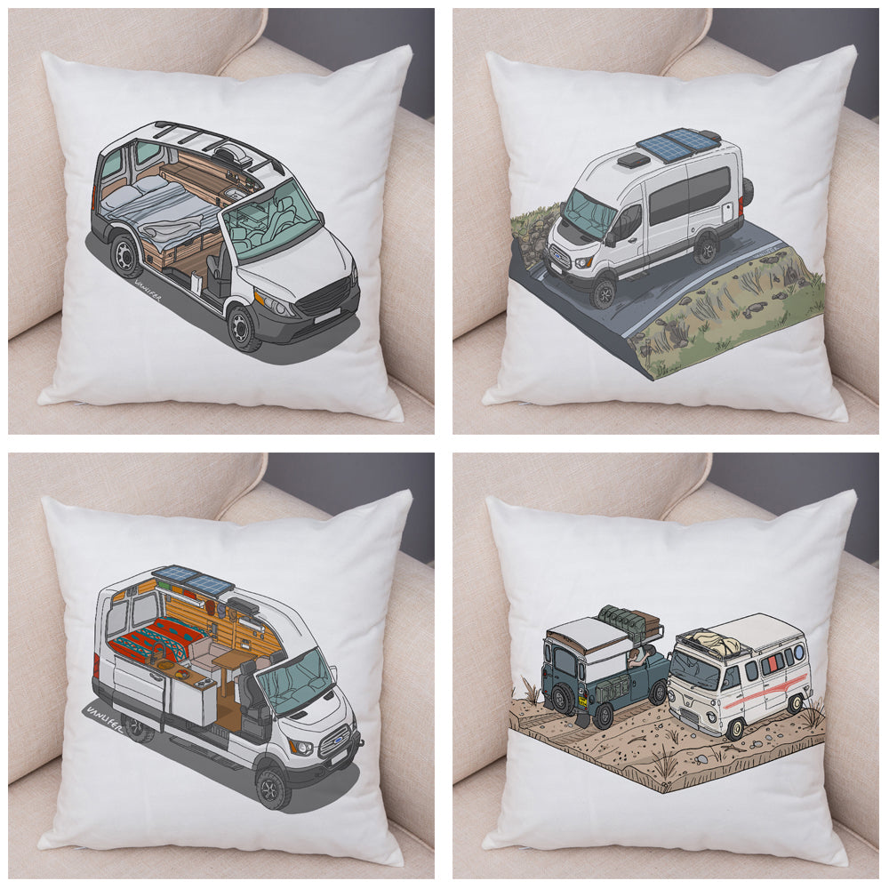 Oreiller de décoration. Dessin Camping-car Van aménagé Fourgon aménagé. Oreiller de décor VanLife. Oreiller en peluche pour canapé maison chambre d'enfants - Mabelle Magasin