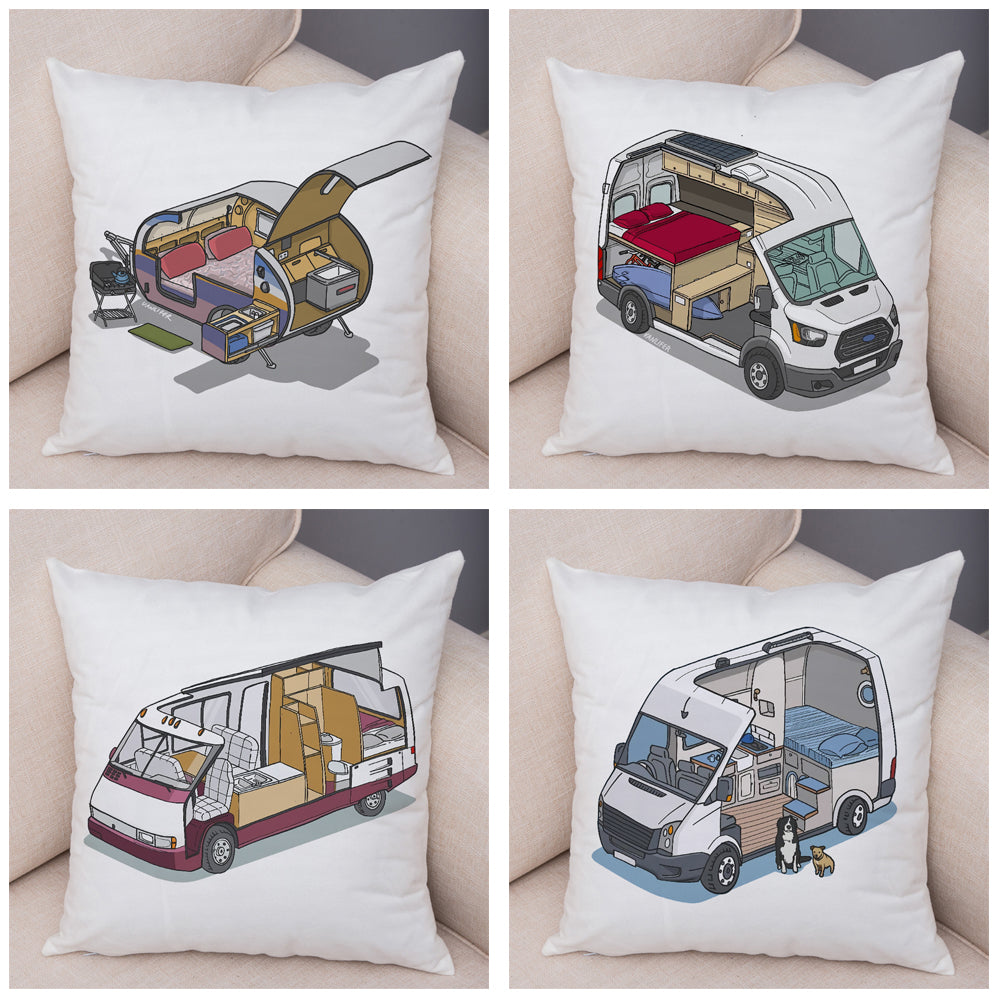 Oreiller de décoration. Dessin Camping-car Van aménagé Fourgon aménagé. Oreiller de décor VanLife. Oreiller en peluche pour canapé maison chambre d'enfants - Mabelle Magasin
