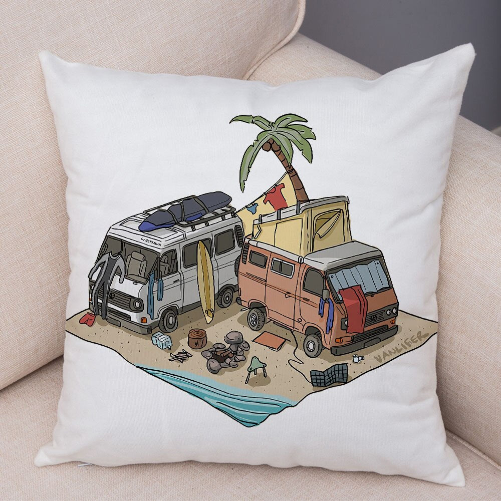 Oreiller de décoration. Dessin Camping-car Van aménagé Fourgon aménagé. Oreiller de décor VanLife. Oreiller en peluche pour canapé maison chambre d'enfants - Mabelle Magasin
