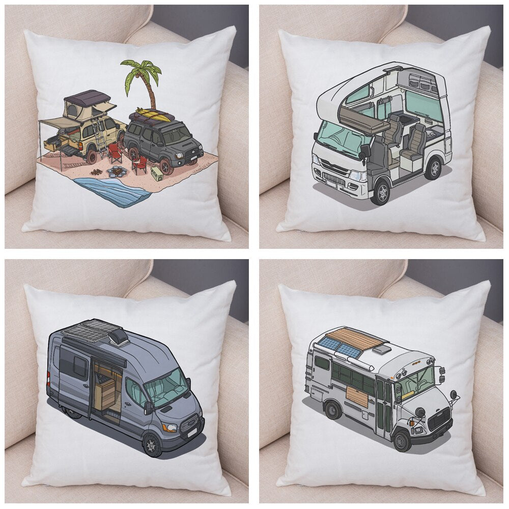 Oreiller de décoration. Dessin Camping-car Van aménagé Fourgon aménagé. Oreiller de décor VanLife. Oreiller en peluche pour canapé maison chambre d'enfants - Mabelle Magasin
