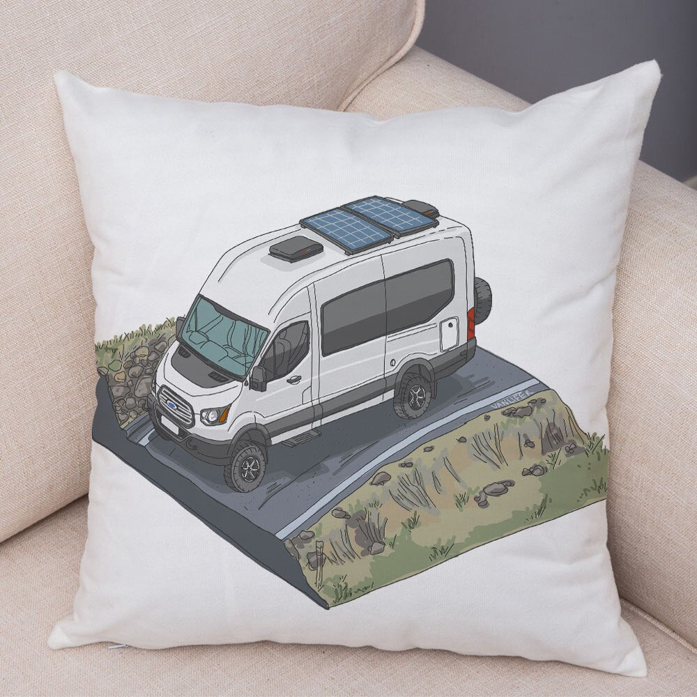Oreiller de décoration. Dessin Camping-car Van aménagé Fourgon aménagé. Oreiller de décor VanLife. Oreiller en peluche pour canapé maison chambre d'enfants - Mabelle Magasin