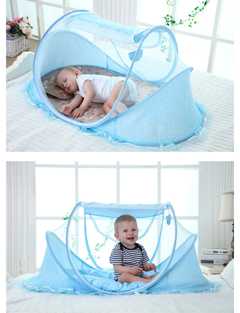 Lit bébé avec moustiquaire pliante lit, matelas et oreiller (trois pièces) pour les enfants de 0 à 3 ans - Mabelle Magasin