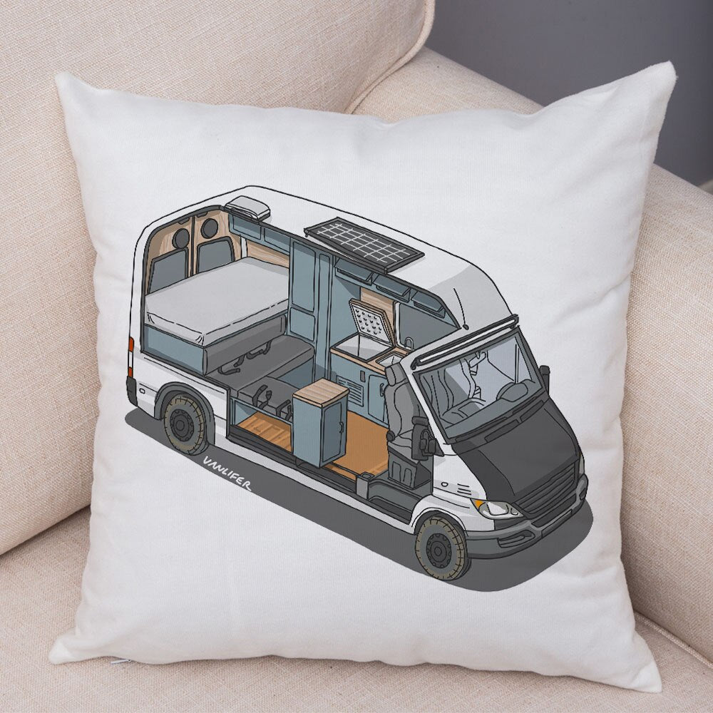Oreiller de décoration. Dessin Camping-car Van aménagé Fourgon aménagé. Oreiller de décor VanLife. Oreiller en peluche pour canapé maison chambre d'enfants - Mabelle Magasin