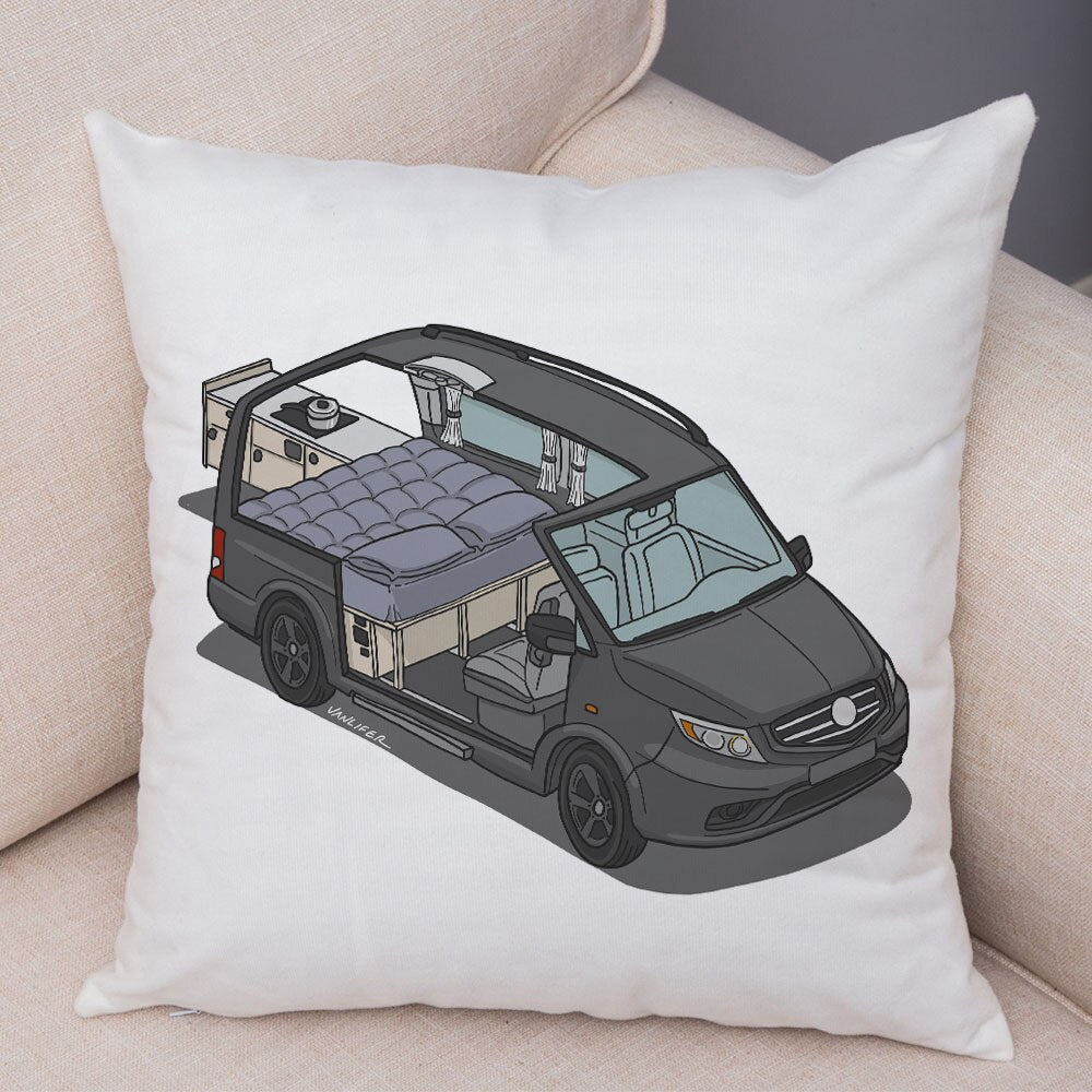 Oreiller de décoration. Dessin Camping-car Van aménagé Fourgon aménagé. Oreiller de décor VanLife. Oreiller en peluche pour canapé maison chambre d'enfants - Mabelle Magasin