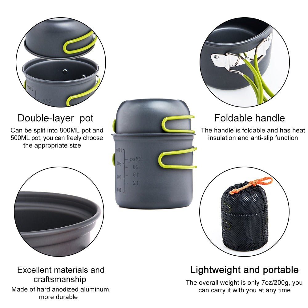 Kit vaisselle de camping, ensemble pour la cuisine facile, cuillère pliable, fourchette, couteau, bouilloire, tasse, pour 1-2 personnes - Mabelle Magasin