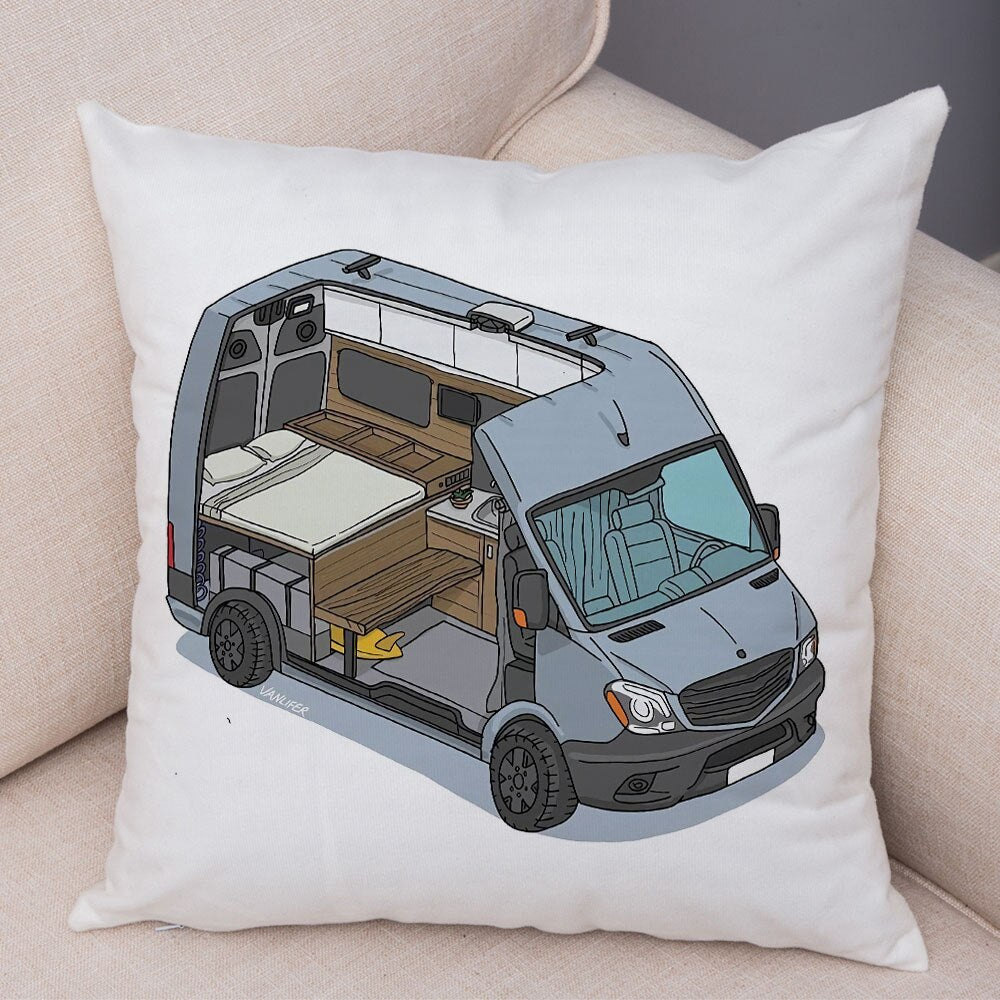 Oreiller de décoration. Dessin Camping-car Van aménagé Fourgon aménagé. Oreiller de décor VanLife. Oreiller en peluche pour canapé maison chambre d'enfants - Mabelle Magasin